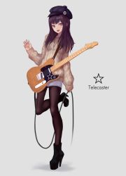 Rule 34 | 1girl, :d, black footwear, blue hat, brown pantyhose, cable, cancell, electric guitar, fender telecaster, grey background, guitar, hand up, hat, high heels, highres, holding, instrument, jewelry, long hair, long sleeves, looking at viewer, necklace, open mouth, original, pantyhose, plectrum, purple hair, red eyes, ribbed sweater, simple background, sleeves past wrists, smile, solo, standing, standing on one leg, star (symbol), star necklace, sweater, yellow sweater