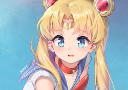 Rule 34 | 1girl, artist name, bishoujo senshi sailor moon, blonde hair, blue sailor collar, breasts, choker, cleavage, collarbone, commentary request, crescent, derivative work, diadem, double bun, heart, heart choker, highres, long hair, meme, open mouth, red choker, sailor collar, sailor moon, sailor moon redraw challenge (meme), sailor senshi, sailor senshi uniform, screenshot redraw, shebaotower, solo, tears, tsukino usagi, twintails, upper body
