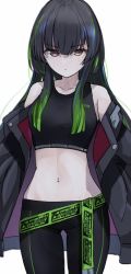 Rule 34 | 1girl, bare shoulders, black hair, black jacket, black pants, breasts, brown eyes, collarbone, copyright request, crop top, green hair, hair between eyes, jacket, long hair, looking at viewer, multicolored hair, navel, off shoulder, open clothes, open jacket, pants, parted lips, shiwa (siwaa0419), simple background, small breasts, solo, standing, streaked hair, v-shaped eyebrows, white background