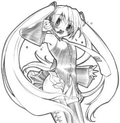 Rule 34 | 1girl, bare shoulders, blouse, blush, clothes lift, detached sleeves, graphite (medium), greyscale, hatsune miku, headset, long hair, monochrome, no panties, open mouth, pleated skirt, senomoto hisashi, shirt, skirt, sleeveless, sleeveless shirt, smile, solo, thighhighs, thighs, traditional media, twintails, very long hair, vocaloid, zettai ryouiki