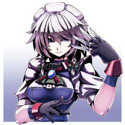 Rule 34 | 1girl, ascot, between fingers, black gloves, blue eyes, bow, braid, breasts, brooch, closed mouth, gloves, gradient background, green bow, hair bow, holding, holding knife, holding weapon, izayoi sakuya, jewelry, kikoka (mizuumi), knife, knives between fingers, looking at viewer, maid, maid headdress, outside border, puffy short sleeves, puffy sleeves, short sleeves, silver hair, small breasts, smile, solo, touhou, twin braids, upper body, weapon, wrist cuffs