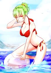 Rule 34 | 1girl, alternate costume, alternate hairstyle, bikini, blue sky, breasts, cleavage, closed mouth, day, green hair, halterneck, highres, itocoh, kazami yuuka, large breasts, looking at viewer, ocean, plaid, plaid bikini, ponytail, red bikini, red eyes, short hair, sky, smile, solo, swimsuit, touhou