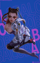 Rule 34 | 1girl, apex legends, ass, black footwear, blue eyes, boots, braid, breasts, character name, cropped jacket, dark-skinned female, dark skin, eyeshadow, fingerless gloves, from above, gloves, high heel boots, high heels, highres, holding, holding staff, jacket, large breasts, loba (apex legends), looking at viewer, looking up, makeup, nail polish, pants, parted lips, red eyeshadow, red nails, solo, staff, thigh boots, thighhighs, twin braids, vocky, white gloves, white jacket, white pants
