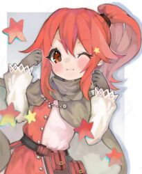 Rule 34 | 1girl, anna (fire emblem), anna (fire emblem engage), black gloves, blush, buttons, cape, closed mouth, delaware3850, fire emblem, fire emblem engage, gloves, highres, long sleeves, looking at viewer, nintendo, one eye closed, ponytail, red eyes, red hair, smile, solo