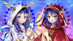 Rule 34 | 2girls, blue eyes, blue hair, braid, commission, diviner of the herald, duel monster, homi28, hood, hood up, lo the prayers of the voiceless voice, long hair, medium hair, multiple girls, own hands clasped, own hands together, praying, purple eyes, purple hair, red hood, red robe, robe, signature, skeb commission, smile, thank you, trait connection, twin braids, upper body, white hood, white robe, wing ornament, yu-gi-oh!