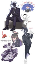 Rule 34 | 1boy, 3girls, anger vein, angry, animal costume, avant garde (blue archive), black fire, black footwear, black gloves, black hair, black jacket, black necktie, black pants, black suit (blue archive), blazer, blue archive, blue hair, blunt bangs, clipboard, closed mouth, commentary request, doodle sensei (blue archive), fire, formal, full body, gloves, halo, highres, holding, holding clipboard, jacket, long hair, looking at viewer, mecha, medium bangs, multiple girls, necktie, panda costume, pants, red eyes, rio (blue archive), robot, sensei (blue archive), shiro beer, shoes, simple background, sitting, smile, suit, translation request, two side up, white background, yuuka (blue archive)