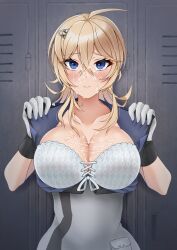 Rule 34 | 1girl, ahoge, black gloves, blonde hair, blue eyes, blue shirt, blush, bra, breasts, collarbone, crossed bangs, cum, cum on body, cum on breasts, cum on hair, cum on upper body, facial, gloves, hair between eyes, hair ornament, hairclip, highres, kantai collection, large breasts, long hair, looking at viewer, multicolored clothes, multicolored gloves, open clothes, open shirt, otobi, shirt, solo, strapless, strapless bra, tuscaloosa (kancolle), underwear, upper body, white bra, white gloves