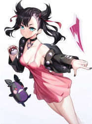 Rule 34 | 1girl, asymmetrical bangs, black choker, black hair, black jacket, black nails, breasts, choker, cleavage, closed mouth, creatures (company), dress, dutch angle, earrings, floating hair, game freak, gen 8 pokemon, green eyes, hair ribbon, highres, holding, holding poke ball, jacket, jewelry, looking at viewer, marnie (pokemon), medium breasts, morpeko, morpeko (hangry), nail polish, nintendo, outstretched arm, pendant choker, pink dress, pink ribbon, pointing, poke ball, poke ball (basic), pokemon, pokemon swsh, ribbon, ririko (zhuoyandesailaer), short dress, sideboob, simple background, single bare shoulder, stud earrings, twintails, two side up, white background