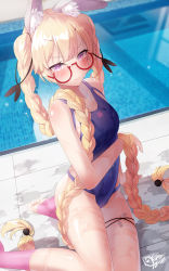 Rule 34 | 1girl, bare shoulders, blonde hair, blue one-piece swimsuit, blush, braid, breasts, collarbone, competition swimsuit, covered navel, girls&#039; frontline, glasses, highres, long hair, looking at viewer, medium breasts, one-piece swimsuit, purple eyes, shirosaba, solo, sr-3mp (girls&#039; frontline), swimsuit, twin braids, very long hair
