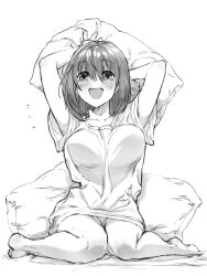 1girl arms_up barefoot blush breasts collarbone full_body go-toubun_no_hanayome greyscale highres holding holding_pillow knees_together_feet_apart large_breasts medium_hair monochrome nakano_yotsuba open_mouth panties pillow shirt sitting solo t-shirt thighs underwear wariza yu_(flowerbird3830)