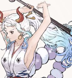 Rule 34 | 1girl, armpits, arms up, blue hair, blurry, breasts, closed mouth, club, club (weapon), commentary, curled horns, depth of field, earrings, expressionless, floating hair, gradient hair, grey background, hair ornament, hair stick, highres, holding, holding weapon, hoop earrings, horns, japanese clothes, jewelry, kanabou, kimono, long hair, medium breasts, mt10cat, multicolored hair, one piece, parted bangs, ponytail, red eyes, rope, shimenawa, sideboob, sidelocks, simple background, sleeveless, sleeveless kimono, solo, two-tone hair, upper body, wavy hair, weapon, white hair, white kimono, yamato (one piece)