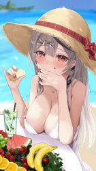 Rule 34 | 1girl, absurdres, ara1e, banana, berry, black hair, braid, breasts, dress, finger in own mouth, food, fruit, glass, grapes, grey hair, hair ornament, hairclip, hat, highres, holding, holding food, hololive, jewelry, large breasts, lemon, long hair, looking at viewer, multicolored hair, off shoulder, orange (fruit), pendant, sakamata chloe, saliva, saliva trail, side braid, solo, straw hat, strawberry, streaked hair, virtual youtuber, water, watermelon, white dress