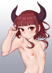 Rule 34 | 1girl, absurdres, blunt bangs, breasts, commentary request, female focus, gradient background, hand in own hair, highres, horns, looking at viewer, masamika10086, medium breasts, nipples, nude, original, red eyes, red hair, sidelocks, simple background, small breasts, solo, upper body, variant set