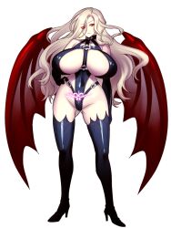Rule 34 | 1girl, belt, between breasts, blonde hair, bondage outfit, boots, breasts, breasts apart, collar, covered navel, dairoku ryouhei, demon girl, demon wings, full body, high heel boots, high heels, huge breasts, leotard, long hair, pale skin, pubic tattoo, snail8, solo, standing, tattoo, thigh boots, thighhighs, thong leotard, usalia sin, very long hair, wings