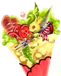 Rule 34 | animal focus, baguette, bow, bread, brown eyes, closed mouth, creatures (company), crepe, food, food focus, fork, from side, game freak, gen 4 pokemon, happy, heart, highres, holding, holding fork, in food, leafeon, marker (medium), mofuo, nintendo, no humans, notice lines, oversized food, oversized object, pawpads, pokemon, pokemon (creature), red bow, simple background, smile, solo, striped, striped bow, tomato, tomato slice, traditional media, white background