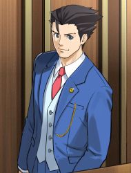 Rule 34 | 1boy, absurdres, ace attorney, aqua vest, black eyes, black hair, blue jacket, collared shirt, glint, highres, jacket, looking at viewer, male focus, necktie, phoenix wright, phoenix wright: ace attorney - dual destinies, red necktie, shirt, short hair, sinohira rin, smile, solo, upper body, white shirt