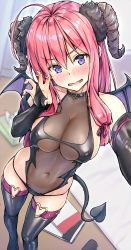 Rule 34 | :d, ahoge, arm up, bare shoulders, bed, black leotard, black thighhighs, blush, book, breasts, cleavage, collarbone, covered navel, demon girl, demon horns, demon tail, embarrassed, fang, feet out of frame, hair ribbon, heart o-ring, highres, horns, indoors, koyuki (kotatsu358), large breasts, leotard, long hair, looking at viewer, nail polish, nose blush, open mouth, original, pink hair, pink nails, purple eyes, purple ribbon, ribbon, selfie, sidelocks, smile, solo, standing, tail, thighhighs, tissue box, v-shaped eyebrows