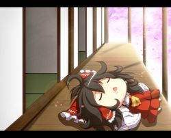 Rule 34 | 1girl, ascot, bad id, bad pixiv id, beni shake, black hair, bow, cherry blossoms, chibi, detached sleeves, drooling, closed eyes, female focus, hair bow, hair tubes, hakurei reimu, japanese clothes, lens flare, letterboxed, long hair, lying, miko, on back, open door, open mouth, outstretched arms, petals, porch, shirt, skirt, skirt set, sleeping, solo, tatami, touhou, tree, veranda