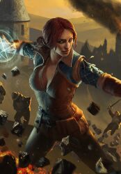 Rule 34 | 1boy, 1girl, architecture, building, city, european architecture, fire, gwent (game), hair bun, highres, holding, holding sword, holding weapon, magic, magic circle, non-web source, pants, red hair, rock, smoke, sword, the witcher (series), the witcher 3, triss merigold, weapon, yellow eyes