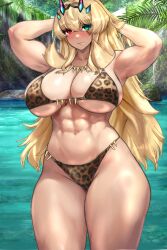 Rule 34 | 1girl, abs, absurdres, bare shoulders, barghest (fate), biceps, bikini, blonde hair, blush, breasts, cleavage, collarbone, fate/grand order, fate (series), green eyes, heterochromia, highres, horns, jewelry, large breasts, long hair, looking at viewer, muscular, muscular female, navel, necklace, raskasar, red eyes, solo, swimsuit, thick thighs, thighs