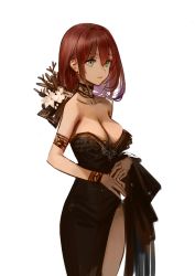 Rule 34 | 1girl, absurdres, armband, bad id, bad twitter id, black dress, breasts, choker, cleavage, closed mouth, collarbone, cowboy shot, dokshuri, dress, expressionless, flower, green eyes, hair between eyes, hair flower, hair ornament, hair ribbon, highres, large breasts, long hair, looking ahead, original, own hands together, red hair, ribbon, simple background, solo, standing, white background, wristband