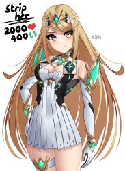 Rule 34 | 1girl, absurdres, bare shoulders, blonde hair, blush, breasts, chest jewel, cleavage, dress, earrings, elbow gloves, english text, gloves, headpiece, highres, jewelry, large breasts, like and retweet, long hair, looking at viewer, meme, mythra (xenoblade), solo, swept bangs, tiara, twitter strip game (meme), very long hair, x xith x, xenoblade chronicles (series), xenoblade chronicles 2, yellow eyes