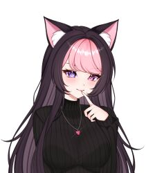 Rule 34 | 1girl, absurdres, animal ear fluff, animal ears, black hair, black sweater, breasts, cat ears, cat girl, closed mouth, darlingstrawb, emerazu (artist), eyelashes, finger to mouth, heart, heart-shaped pupils, heart in eye, heart necklace, heterochromia, highres, indie virtual youtuber, jewelry, long hair, multicolored hair, necklace, pink eyes, pink hair, purple eyes, ribbed sweater, second-party source, solo, sweater, symbol-shaped pupils, symbol in eye, turtleneck, turtleneck sweater, two-tone hair, upper body, virtual youtuber