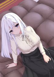 Rule 34 | 1girl, absurdres, alternate costume, azur lane, bad id, bad twitter id, black skirt, breasts, casual, contemporary, couch, enterprise (azur lane), from above, highres, isobe eiji, large breasts, long hair, long skirt, long sleeves, looking at viewer, meme attire, neck ribbon, on couch, pout, purple eyes, ribbon, shirt, silver hair, skirt, skirt hold, solo, straight hair, white shirt