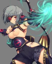 Rule 34 | 1girl, aiming, armor, arrow (projectile), black shorts, bow (weapon), breastplate, breasts, closed mouth, cowboy shot, drawing bow, eyepatch, floral print, folding fan, fringe trim, gloves, glowing, grey background, hakama, hakama shorts, hand fan, highres, holding, holding bow (weapon), holding weapon, japanese armor, japanese clothes, looking at viewer, no shirt, outstretched arm, painpa, panties, pauldrons, red eyes, seiken rensei monhame saga, short hair, shorts, shoulder armor, side-tie panties, silver hair, simple background, single glove, smile, solo, stitches, thighhighs, underwear, weapon, white panties