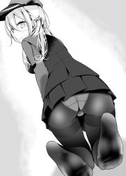 Rule 34 | 10s, 1girl, absurdres, ass, blush, breasts, feet, greyscale, hat, highres, kantai collection, kneeling, looking at viewer, looking back, low twintails, microskirt, military, military hat, military uniform, monochrome, no shoes, oouso, panties, panties under pantyhose, pantyhose, pantyshot, peaked cap, pleated skirt, prinz eugen (kancolle), skirt, soles, toes, twintails, underwear, uniform, white panties