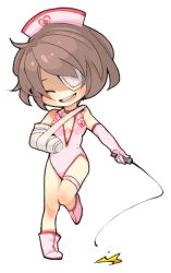Rule 34 | 1girl, bandages, breasts, brown hair, cast, chain, chain whip, chibi, cleavage, cleavage cutout, closed eyes, clothing cutout, eileen galvin, elbow gloves, female focus, full body, gloves, happy, hat, kenko, lingerie, lowres, nurse, nurse cap, open mouth, shoes, short hair, silent hill, silent hill (series), silent hill 4: the room, solo, thigh strap, transparent background, underwear, weapon, whip