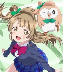 Rule 34 | 10s, 1girl, artist request, blazer, bow, bowtie, creatures (company), crossover, game freak, gen 7 pokemon, grey hair, highres, jacket, long hair, love live!, love live! school idol project, minami kotori, nintendo, one eye closed, open mouth, pleated skirt, pokemon, pokemon (creature), pokemon sm, rowlet, school uniform, skirt, wink, yellow eyes