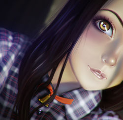 Rule 34 | 1girl, black hair, brown eyes, eye focus, eye reflection, face, highres, lips, long hair, looking at viewer, nikichen, nose, reflection, solo