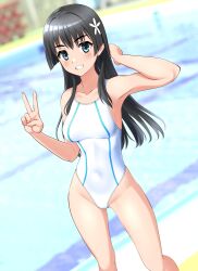 Rule 34 | 1girl, absurdres, black hair, commentary request, competition swimsuit, covered navel, feet out of frame, flower, green eyes, grin, groin, hair flower, hair ornament, highleg, highleg swimsuit, highres, long hair, one-piece swimsuit, partial commentary, pool, saten ruiko, smile, solo, standing, swimsuit, takafumi, toaru kagaku no railgun, toaru majutsu no index, v, variant set, white one-piece swimsuit