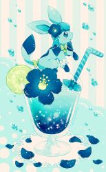 Rule 34 | beads, blue flower, blush, bow, bridal garter, bubble, commentary request, creatures (company), doily, drinking straw, flower, food, food focus, fruit, game freak, gen 4 pokemon, glaceon, glass, green bow, highres, lime (fruit), liquid, looking up, mugita konomi, nintendo, no humans, petals, pokemon, pokemon (creature), solo