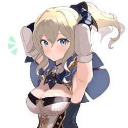 Rule 34 | 1girl, adjusting hair, armpits, arms up, blonde hair, blue eyes, blush, bow, breasts, capelet, cleavage, detached sleeves, etoria, genshin impact, gloves, hair bow, highres, jean (genshin impact), long sleeves, looking at viewer, medium breasts, parted lips, ponytail, simple background, sleeveless, upper body, white background