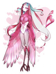 Rule 34 | 1girl, bachikin (kingyo155), bird legs, blue hair, breasts, claws, commentary request, feathered wings, feathers, full body, gradient hair, harpy, heart, monster girl, multicolored hair, open mouth, original, pink eyes, pink feathers, pink hair, pink theme, pink wings, small breasts, solo, talons, white hair, winged arms, wings