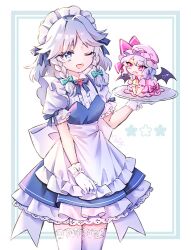 Rule 34 | 2girls, apron, bat wings, blue eyes, blue hair, bow, braid, commentary, dress, frilled dress, frills, gloves, grey hair, hair bow, hat, izayoi sakuya, maid apron, maid headdress, mini person, miy 001, mob cap, multiple girls, on plate, one eye closed, open mouth, pink eyes, puffy short sleeves, puffy sleeves, remilia scarlet, short sleeves, size difference, slit pupils, symbol-only commentary, thighhighs, touhou, twin braids, white gloves, white thighhighs, wings