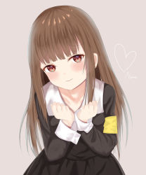 1girl absurdres armband artist_name bad_id bad_pixiv_id black_dress blunt_bangs blush brown_eyes brown_hair closed_mouth collared_dress commentary_request dress grey_background hair_down hands_up heart highres iino_miko kaguya-sama_wa_kokurasetai_~tensai-tachi_no_renai_zunousen~ long_hair long_sleeves looking_at_viewer nina_(pixiv31869672) school_uniform shuuchiin_academy_school_uniform signature simple_background solo upper_body very_long_hair wavy_mouth