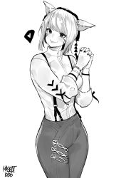 Rule 34 | 1girl, animal ears, artist name, breasts, character request, commission, cowboy shot, facial mark, final fantasy, final fantasy xiv, greyscale, heart, highres, legs together, monochrome, norman maggot, own hands clasped, pants, shirt, simple background, small breasts, smile, solo, spoken heart, standing, suspenders, white background