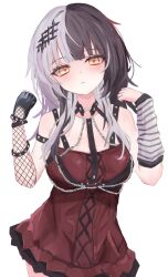 Rule 34 | 1girl, absurdres, akarinnndesu, arm warmers, black arm warmers, black gloves, black hair, blush, breasts, dress, elbow gloves, fishnet gloves, fishnets, gloves, harness, highres, hololive, hololive english, large breasts, long hair, looking at viewer, multicolored hair, o-ring, o-ring harness, red dress, shiori novella, single arm warmer, solo, split-color hair, striped arm warmers, virtual youtuber, white hair, yellow eyes
