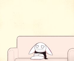 Rule 34 | animal ears, artist self-insert, bored, closed mouth, couch, cushion, grey background, hand puppet, highres, looking afar, lying, on back, on couch, original, puppet, scarf, simple background, sitting, solo, white background, white eyes, xyronii