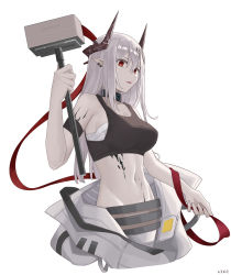 Rule 34 | 1girl, absurdres, alter sang, arknights, armband, bandages, bare arms, bare shoulders, black collar, breasts, chinese commentary, collar, commentary request, crop top, groin, hair between eyes, hammer, hand up, highres, holding, holding hammer, holding weapon, horns, infection monitor (arknights), large breasts, long hair, looking at viewer, material growth, midriff, mudrock (arknights), mudrock (elite ii) (arknights), navel, oripathy lesion (arknights), parted lips, pointy ears, red eyes, sarashi, silver hair, simple background, solo, sports bra, stomach, weapon, white background
