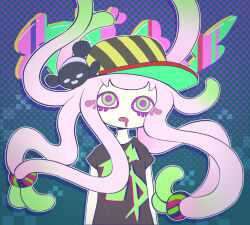 Rule 34 | 1girl, arms at sides, baseball cap, black shirt, clownfish, colored eyelashes, d:, drooling, eyes visible through hair, fish, gradient hair, green eyes, green hair, harmony&#039;s clownfish (splatoon), harmony (splatoon), hat, long hair, multicolored clothes, multicolored hair, multicolored hat, nintendo, no nose, open mouth, outline, pink hair, purple pupils, shirt, short sleeves, sideways hat, solo, splatoon (series), striped clothes, striped headwear, tentacle hair, teo (teorekka), two-tone hair, white outline
