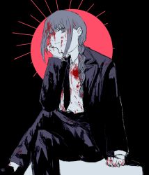 Rule 34 | black background, black footwear, black jacket, black necktie, black pants, blood, blood in hair, blood on clothes, blood on face, blood on hands, braid, braided ponytail, breasts, business suit, chainsaw man, collared shirt, formal, hair over one eye, hand on own chin, high-waist pants, jacket, long sleeves, looking to the side, makima (chainsaw man), medium breasts, medium hair, necktie, one eye covered, pant suit, pants, ringed eyes, shirt, shirt tucked in, shoes, short hair, simple background, sitting, small breasts, smile, smirk, solo, suit, user wuyd4757, white shirt