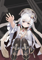 Rule 34 | 1girl, absurdres, ahoge, azur lane, black thighhighs, boots, chinese commentary, coat, commentary request, cross, fengxue, flandre (azur lane), frilled sleeves, frills, grey eyes, hair ornament, highres, knee boots, leotard, light blush, long hair, long sleeves, looking at viewer, low twintails, parted lips, reaching, reaching towards viewer, smile, solo, squatting, teeth, thighhighs, twintails, upper teeth only, white coat, white hair, white leotard