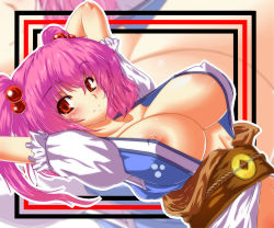 Rule 34 | 1girl, arms behind head, arms up, blush, breasts, cleavage, female focus, hair bobbles, hair ornament, huge breasts, nipple slip, nipples, onozuka komachi, open clothes, open shirt, red eyes, red hair, shirt, short hair, shoushinmono, smile, solo, tanaka ginji, touhou, twintails, two side up