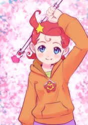 Rule 34 | 1girl, ahoge, arm up, blue eyes, blush stickers, brooch, cojibou, comet (comet-san), cosmic baton girl comet-san, hair ornament, highres, hood, hoodie, jewelry, looking at viewer, magical girl, red hair, solo, star (symbol), star hair ornament, starry background, twirl baton, wand