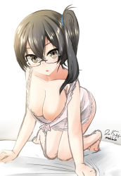 Rule 34 | 10s, 1girl, :o, all fours, bad id, bad pixiv id, bespectacled, blush, breasts, brown eyes, brown hair, camisole, cleavage, downblouse, glasses, hanging breasts, kaga (kancolle), kantai collection, large breasts, leaning forward, looking at viewer, nekobaka, open mouth, short hair, side ponytail, simple background, sketch, solo, tsurime, white background