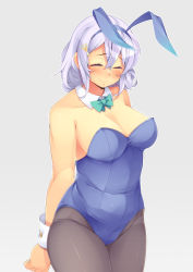Rule 34 | 1girl, alternate costume, animal ears, bare shoulders, belly, black pantyhose, blush, bow, bowtie, breasts, cleavage, closed eyes, detached collar, hair ornament, highres, kokka han, large breasts, leotard, letty whiterock, light purple hair, pantyhose, playboy bunny, plump, rabbit ears, short hair, simple background, solo, touhou, wrist cuffs